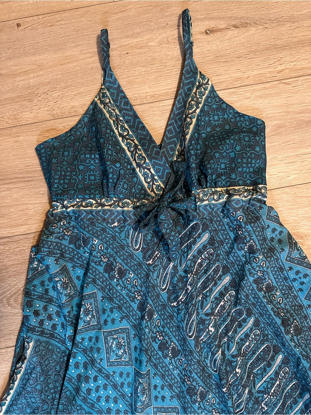 CELINA- Bohemian Teal V-Neck Maxi Dress with Tie Front - Picture 4 of 8